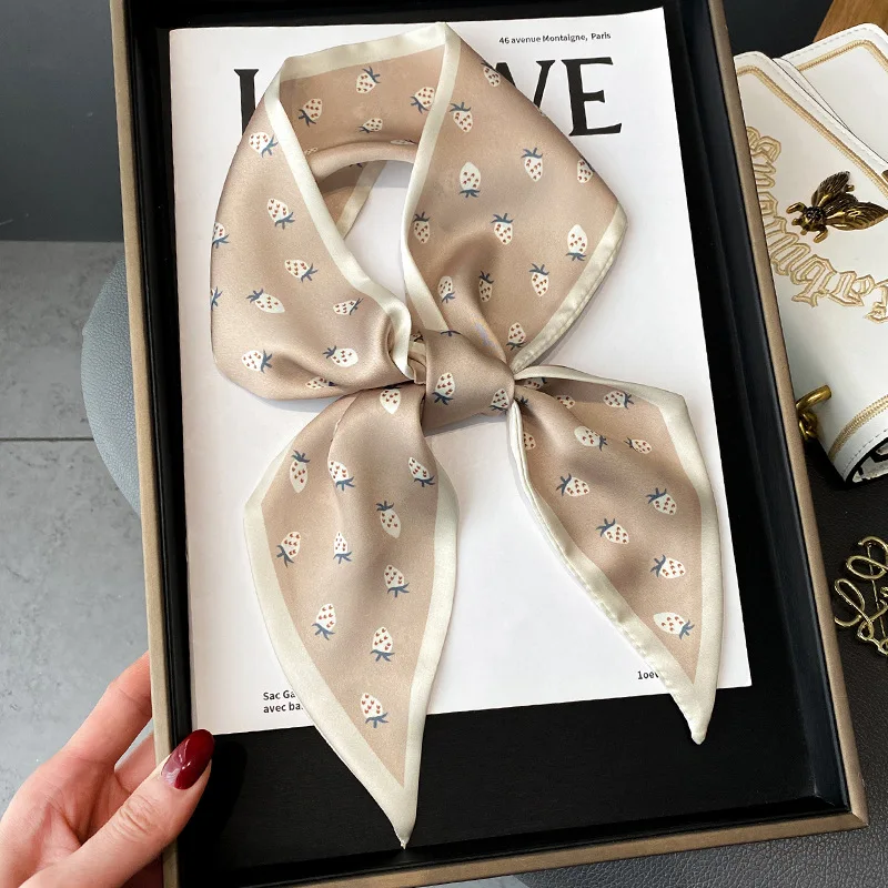 Skinny Ribbon Silk Scarf Women Lovely Fruits Print Foulard Hairband Headband Female Soft Satin Handle Bag Neck Ties Neckerchief 6