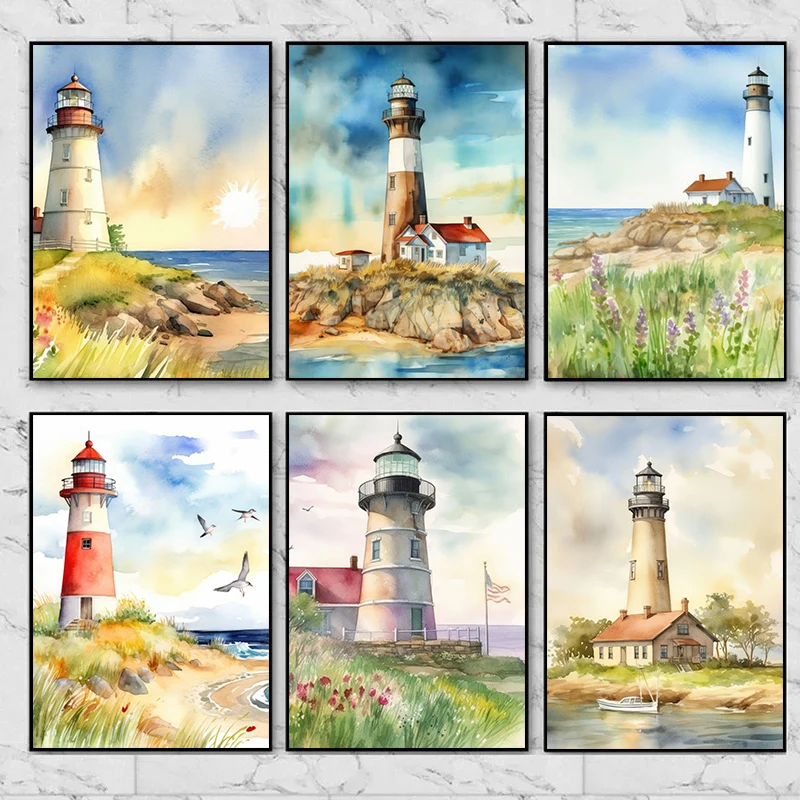 Watercolor Lighthouse Art Poster Sunrise Wave Canvas Printing Wall Art ...