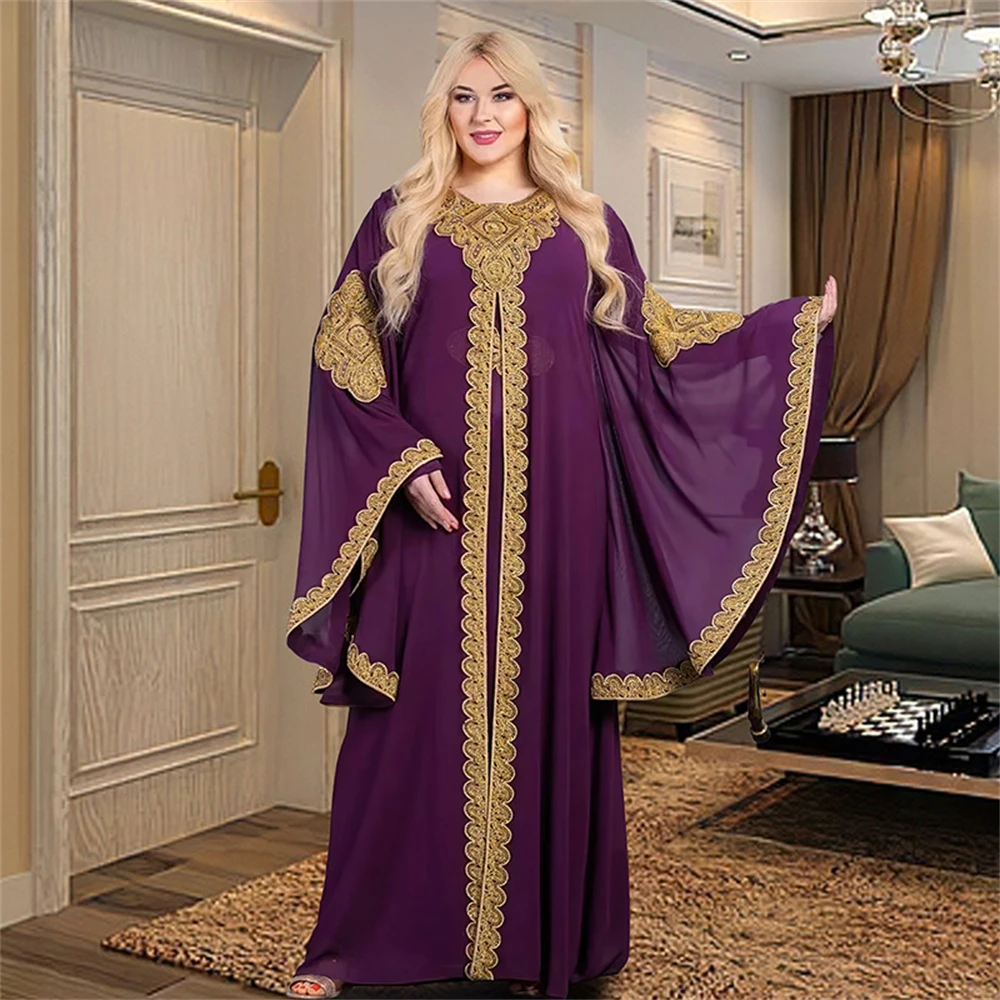 

Fashion African Kaftan Dubai Abaya Turkey 2 Piece Set Muslim Chiffon Islamic Clothing Turkey Africa Dresses for Women Party Gown