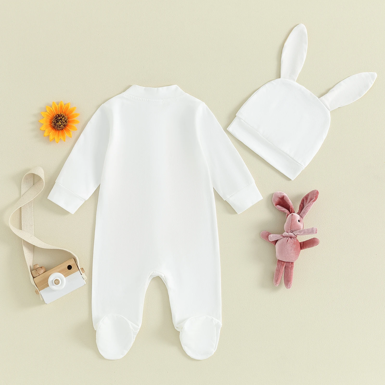 Pudcoco Newborn Baby Girl Boy 2Pcs Easter Outfits Long Sleeve Snap Up Footed Jumpsuit with Hat Set Infant Clothes 0-18M