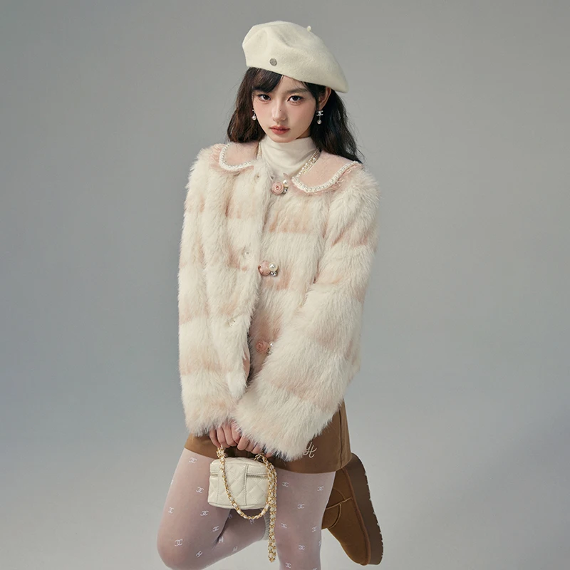 Sweet Cute Princess Style Long Sleeve Single-Breasted Women's Fake Fur Coat 2023 Winter Doll Collar Environmental Fur Jacket
