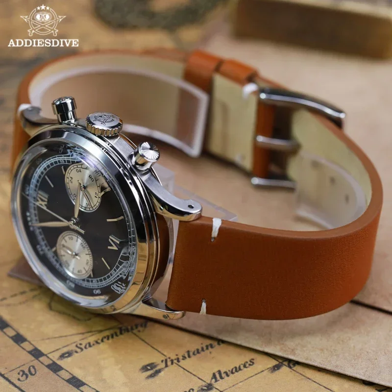ADDIESDIVE Business Men's Quartz Watch Retro Leather Black Dial  Multifunctional Chronograph 60min Watches 100m Diver Wristwatch