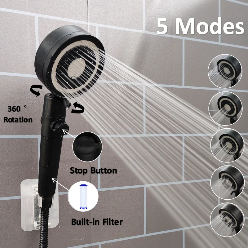 5ModesHighPressureShowerHeadTemperatureDigitalDisplayShowerheadBlackWaterSaving