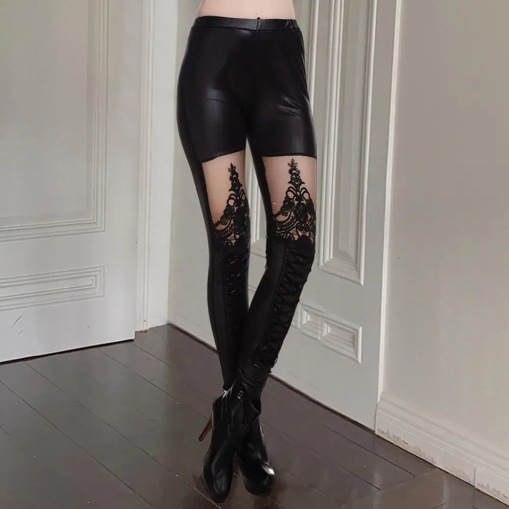 

Modern Skinny Trousers Lace-up Calf Women Leggings See-through Women Faux Leather Gothic Punk Leggings Versatile
