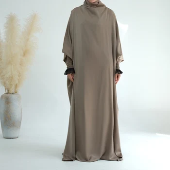 Lace Cuffs Velvety Satin One Piece Jilbab, Muslim Women Prayer Dress Overhead Abaya, Hijabi Robe, Islamic Clothing, Ramadan Eid