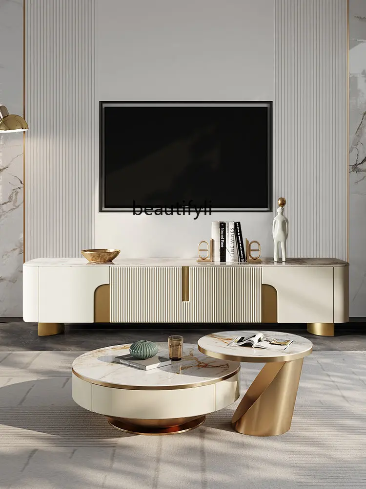 

zqTV Cabinet Stone Plate Coffee Table TV Cabinet Combination Modern Minimalist Living Room Small Apartment TV Floor Cabinet As27