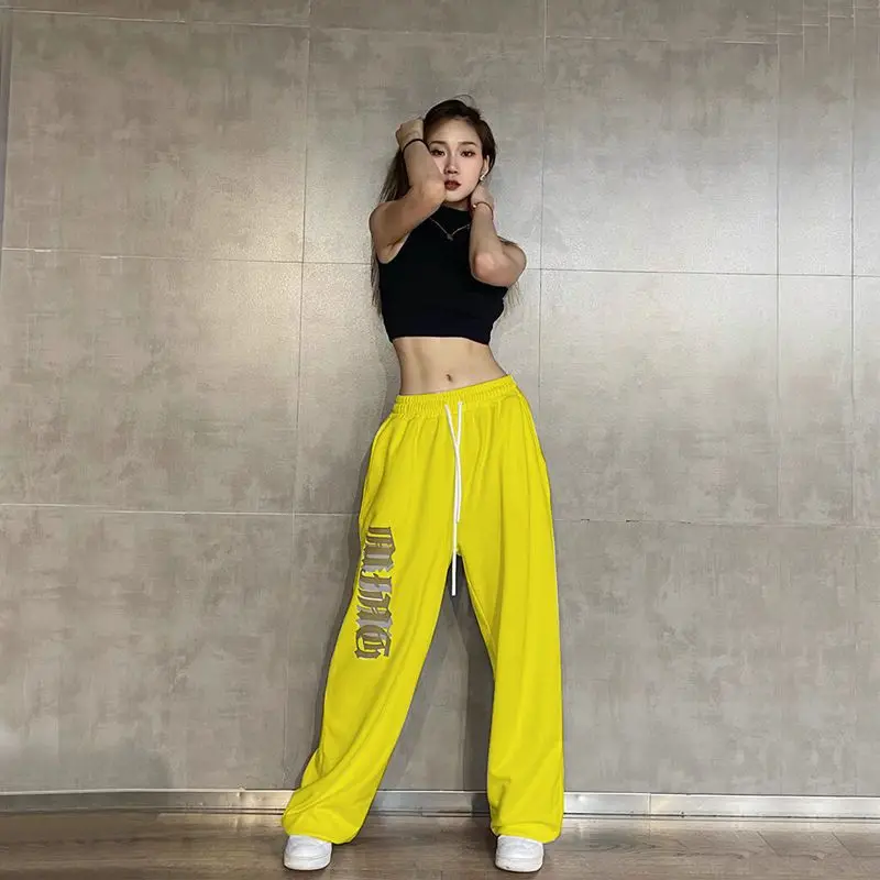 SUO&CHAO High Waist Loose Casual Haren Pants For Womens Solid Color Letter Print Hip Hop Dance Drawstring Trousers Sport Pants