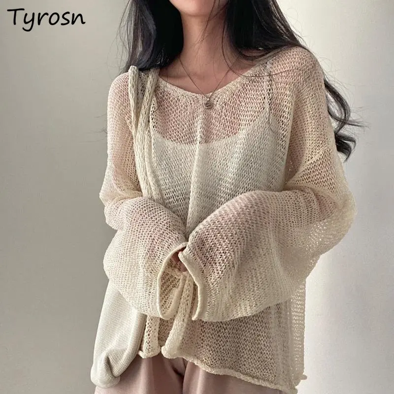 

Pullovers Women Sweet Simple Hollow Out Design Elegant Tender Summer Fashion Knitting Korean Style Leisure Loose Sun-proof Cozy