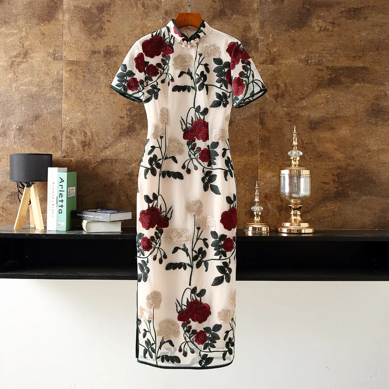 

Backside Hollow out Embroidery Floral Party Elegant Lady Costume Lace Dresses Cheongsam