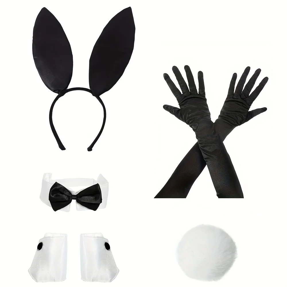Adult Bunny Costume Accessory Set - Bunny Ears Headband, Bow Tie, Cuffs, Tail for Cosplay, Halloween, Easter Party, Carnivals