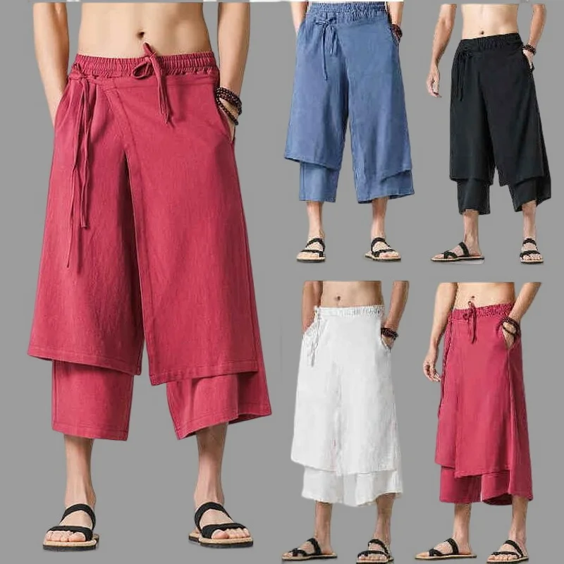 

Men Casual Wide Leg Pants Mens Lrregular Cotton Linen Harem Pants Male Fake Two-Piece Skirts Trousers