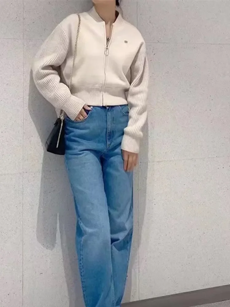 

Women's Short Coat Stand Collar Zipper Casual 2023 Autumn Knitted Cardigan