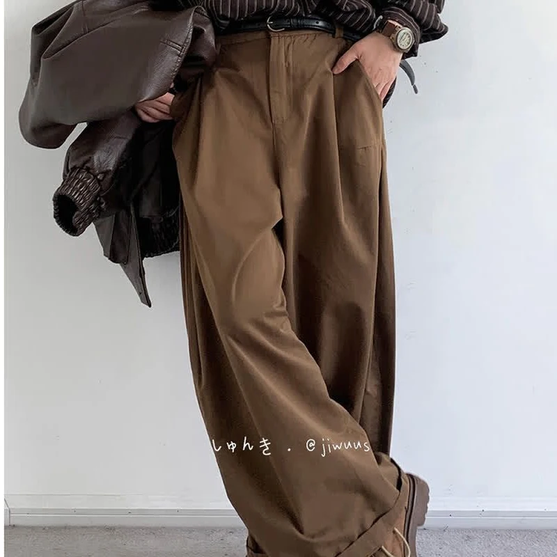 

Spring Autumn Solid Color Fashion Elastic Waist Wide Leg Trousers Man High Street Pockets Patchwork Vintage Street Y2K Trousers