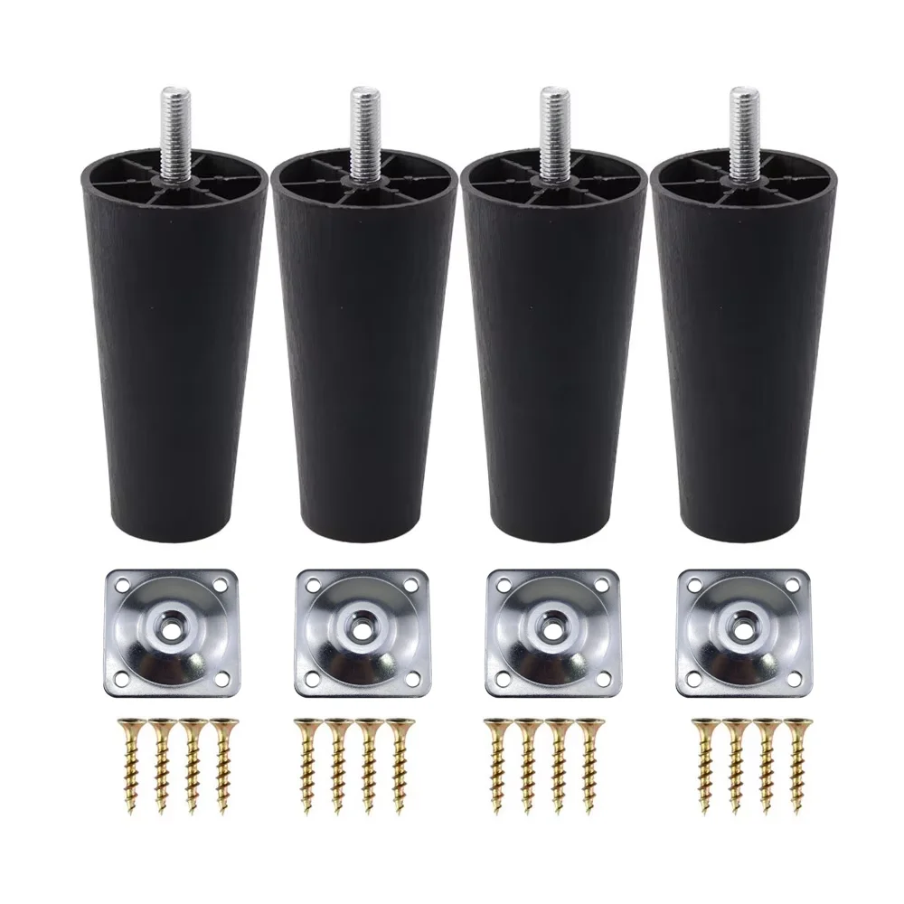 4Pcs Round Tapered Black Plastic Furniture Legs Feet with Mounting Plates M8*25 Thread Shank for Sofa and Chair 4 to12cm height