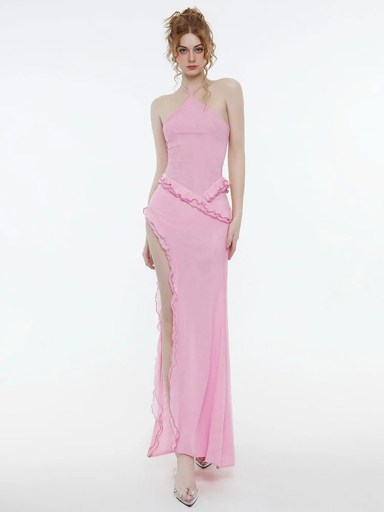 Nibber Sexy Lace-Up Halter Dress Women Lace Patchwork Tassel See Through Backless Side Slit Midnight Clubwear Party Vestidos