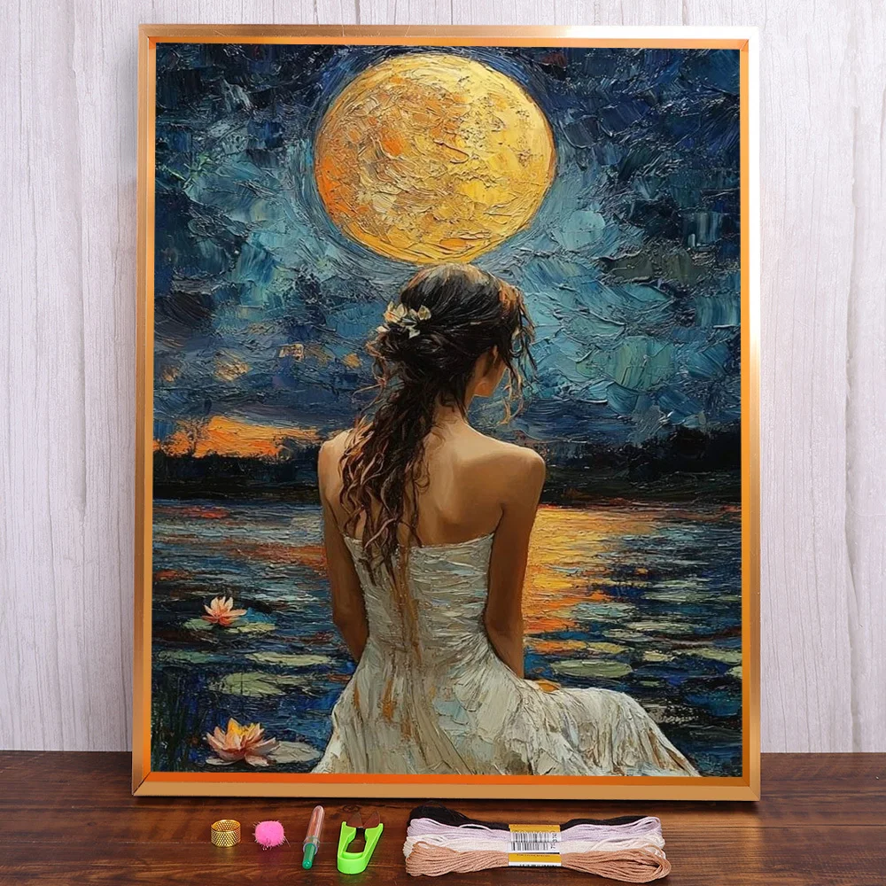 Mond Nacht Frauen Gedruckt 11CT Kreuzstich Komplettset Stickerei Nähen Handarbeiten Stricken Malerei Promotions Design Mulina