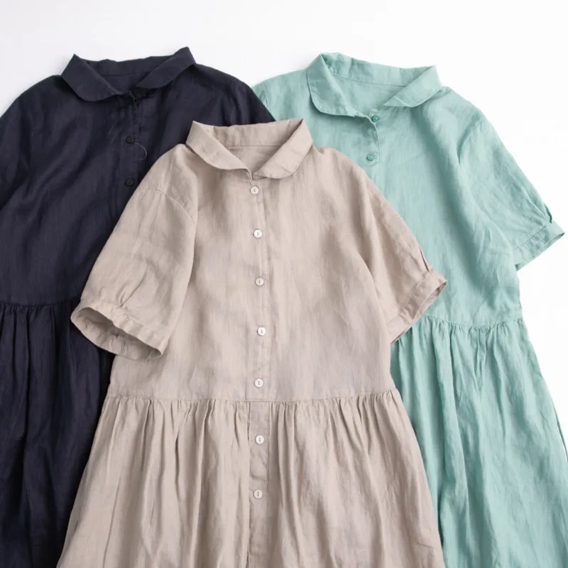 

pure linen short sleeved dress with waistband, shirt skirt, women's summer thin style large swing long Dress 23037
