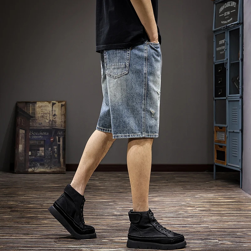 

American vintage wash scraped denim shorts men's summer loose straight mid-length pants fashion patchwork ripped quarter pants