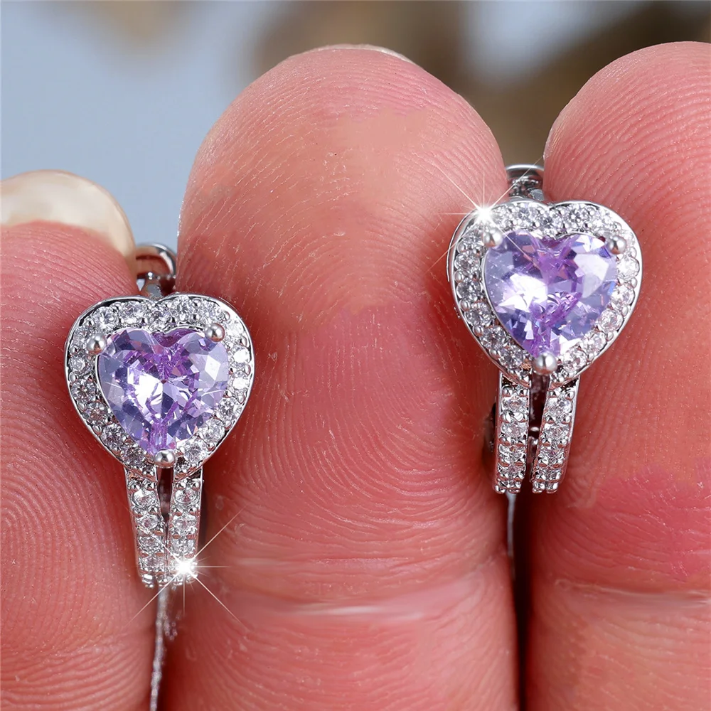 Charm Female Small Angel Purple Zircon Stone Heart Hoop Earrings Vintage Silver Color Simple Wedding Jewelry For Women