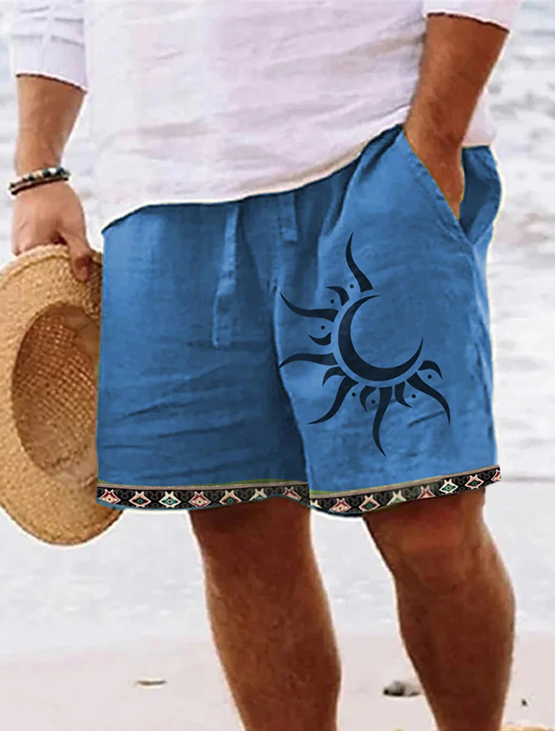 2024 New Men\'s Retro Half Sun Moon Geometric 3D Printed Shorts Men\'s Summer Breathable Retro Shorts Fitness Street Shorts