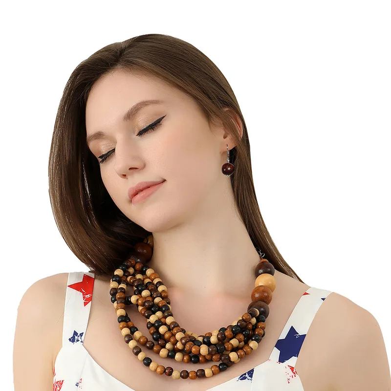 African Ethnic Style Colorful Necklace Multi Layered Clavicle Chain Choker Earring Set Jewelry For Women Birthday Christmas Gift