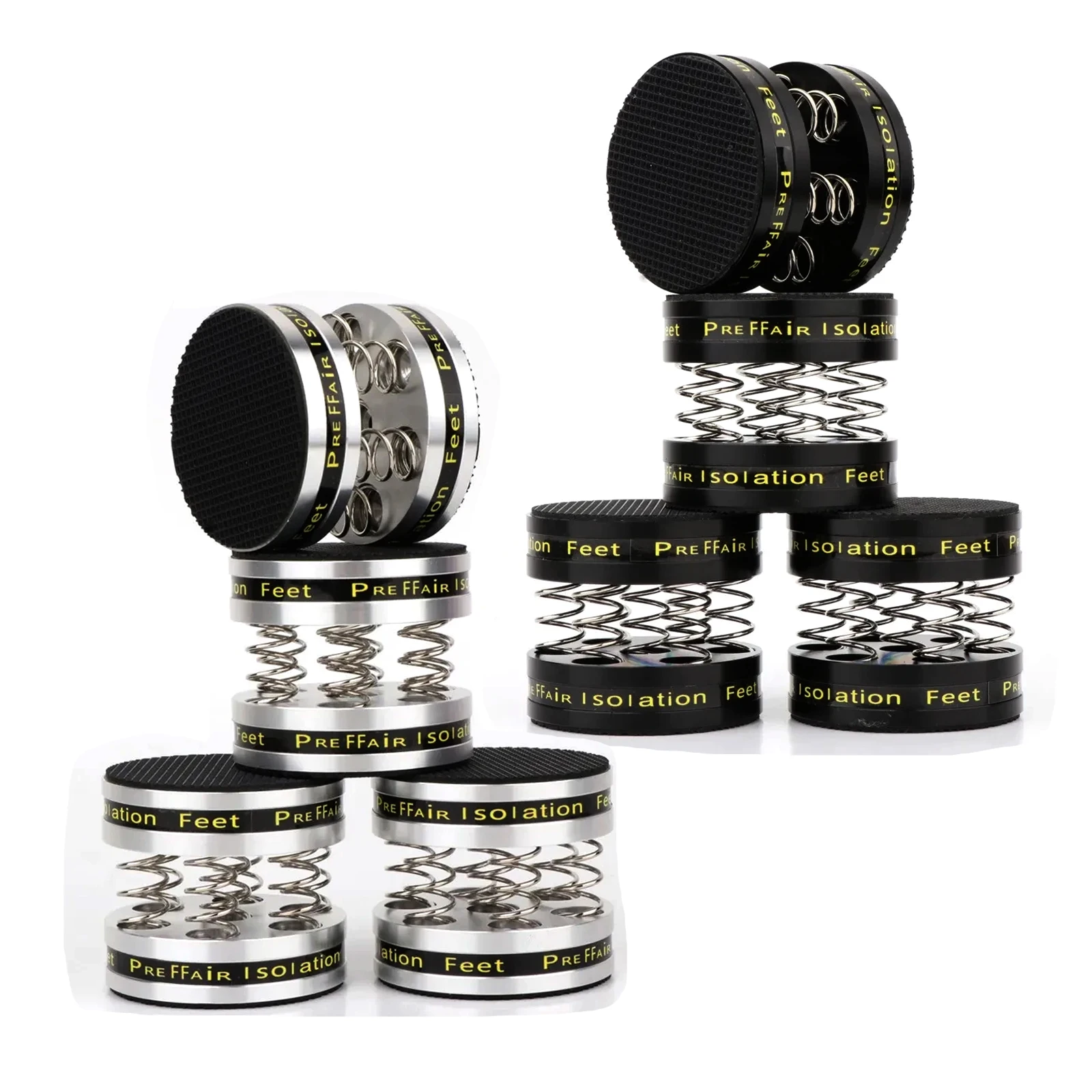4 Stück Lautsprecher-Isolationsfüße, Aluminium-Federstoßdämpfer, Vibrationsdämpfende Basisplatten für Verstärker/DAC/Plattenspieler
