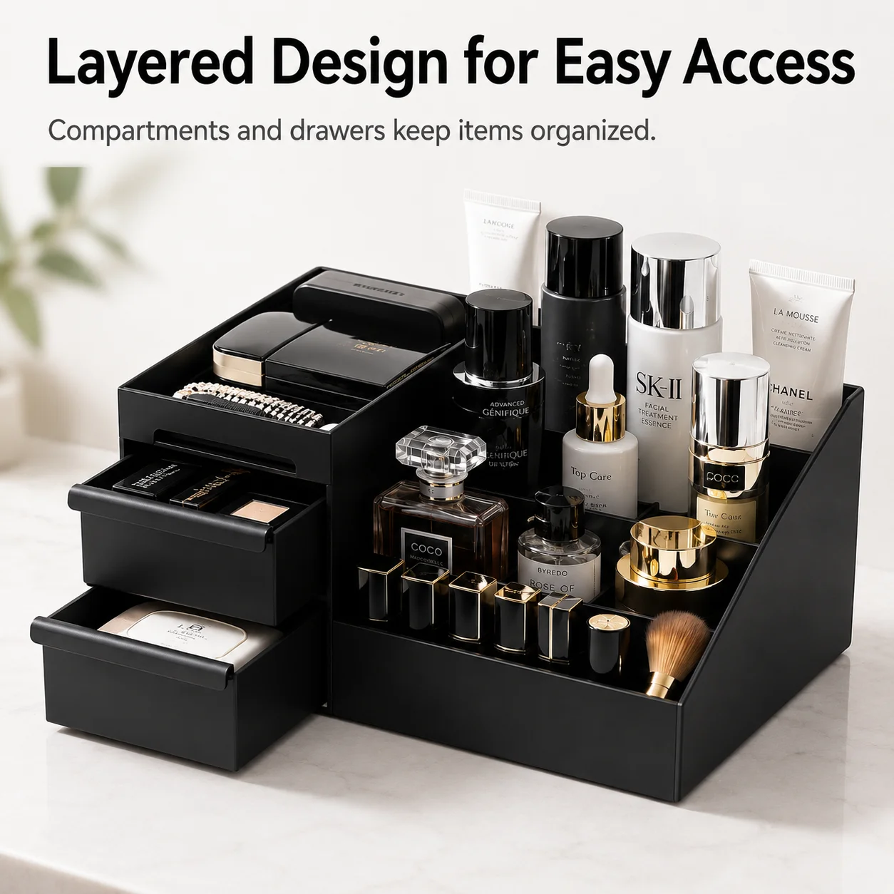 Sleek Black Cosmetic Storage Organizer with Drawers and Lipstick Holder