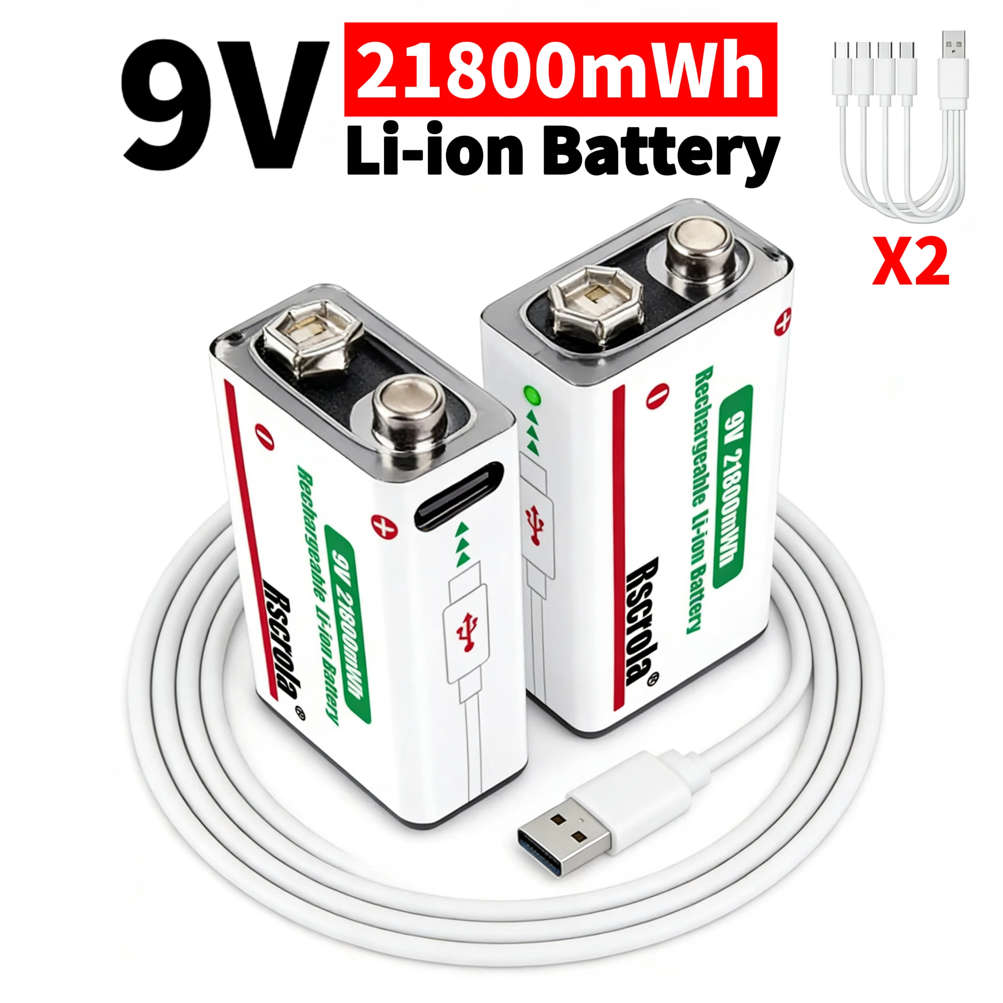 9V Rechargeable Lithium-Ion Battery 21800mWh High Capacity with Cable for Guitar Microphone Smoke Detector Pedal