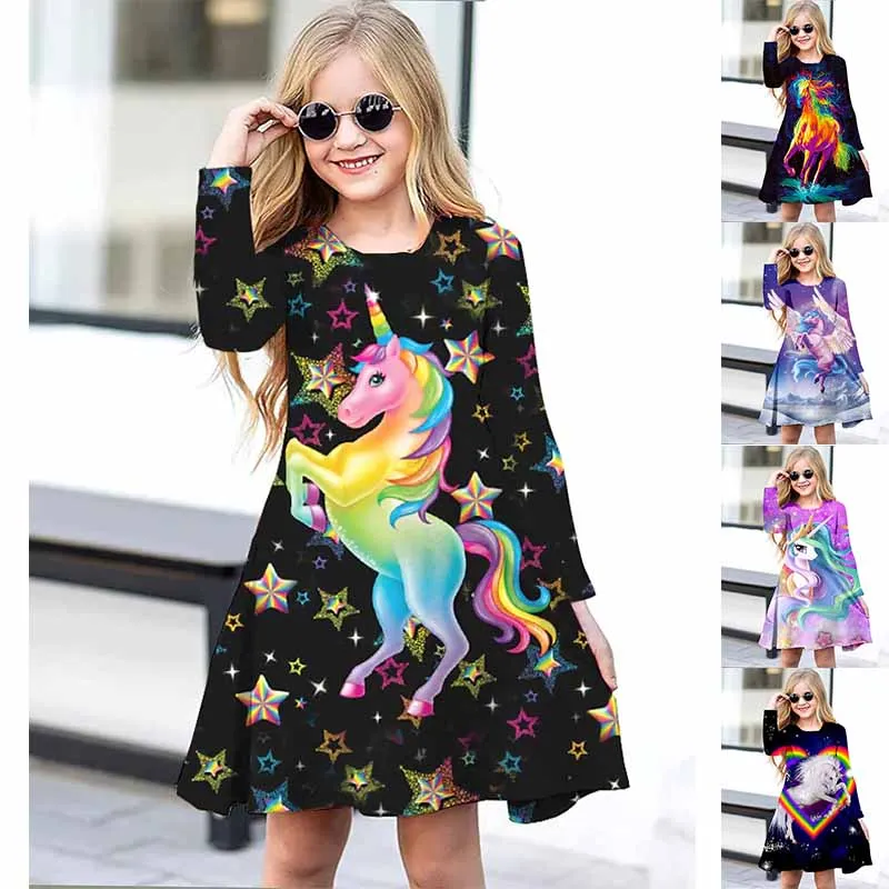 

2023 Spring Round Neck Animal Printing Dress Little Girl Long Sleeve Skirt Retro Loose Knee Length Skirt Everyday Midi Skirt