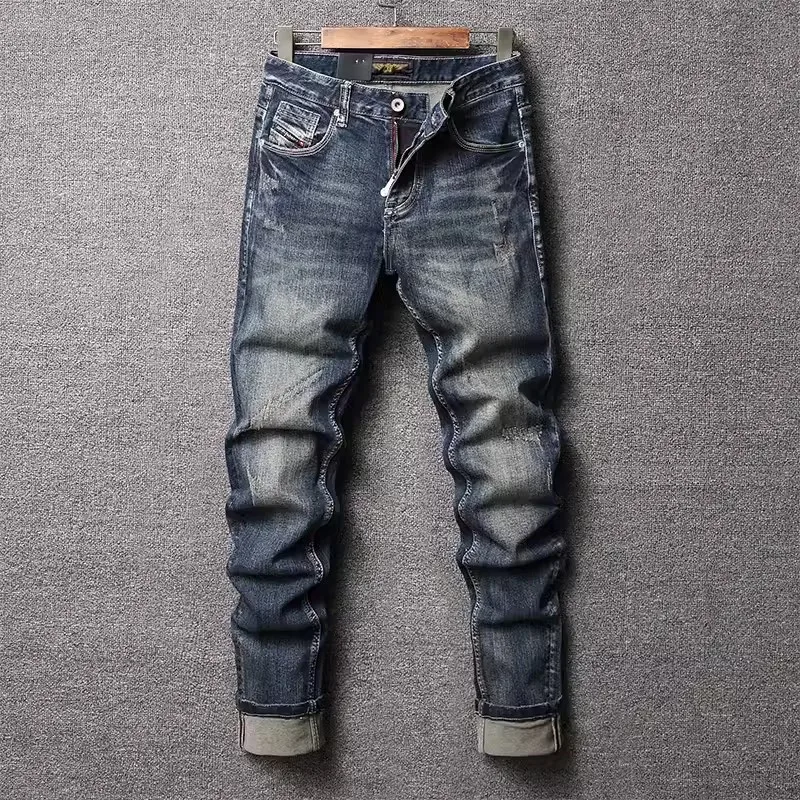 Street Fashion Men Jeans Retro Washed Blue Stretch Slim Fit Ripped Jeans Men Italian Style Vintage Designer Denim Pants Hombre