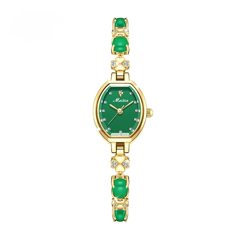 Women's Luxury Watch Exquisite Inlaid Green Jade Lady Quartz Watch Fashion 3 Bar Waterproof Dial Chain Strap Relojes Para Mujer