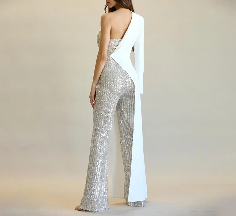Women's Patchwork Sequin One Shoulder Fashionable Sequin Jumpsuit 2024 New Women's Clothing Elegant Irregular Party Jumpsuit