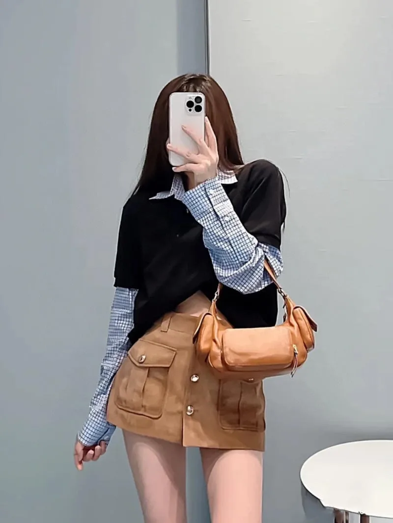 

High Street Women's Skirt Fashionable Western Style Single breasted Workwear Large Pocket Wrapped Hip Mini Skirt