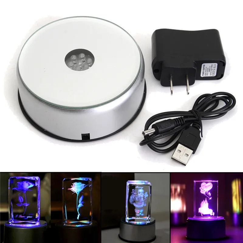 LED Colorful Luminous Base Light Laser Rotating Crystal Display Base Stand Holder with US Adapter Glass Transparent Objects led lights rotating display stand led lamp base
