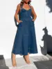 Caoirhny Women Summer Denim Dress Sleeveless Cross Backless High Waist Solid Color Swing Dress Casual A-Line Dress 1