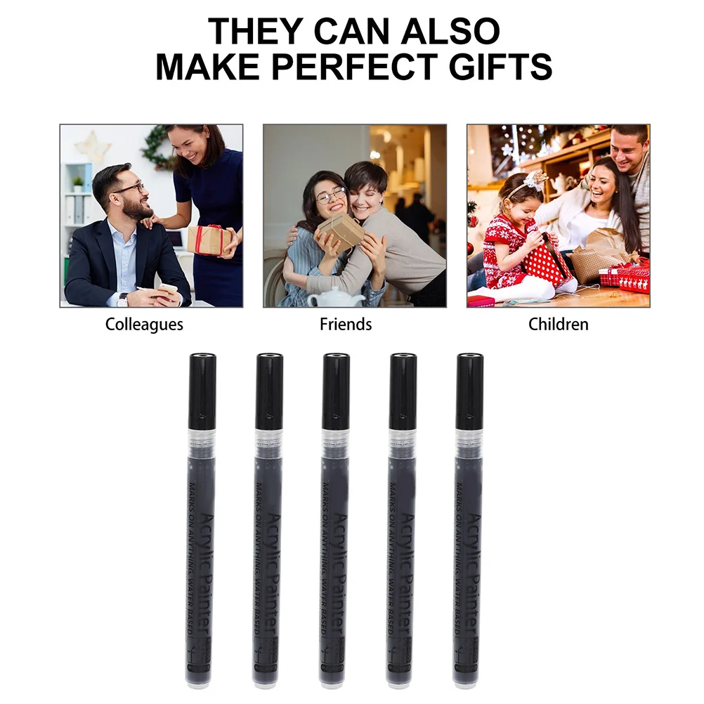 5pcs Acrylic Paint Markers 0.7Mm Fine Tip Paint Pens For Canvas Wood Sketching Painting Writing Black Water Based Markers