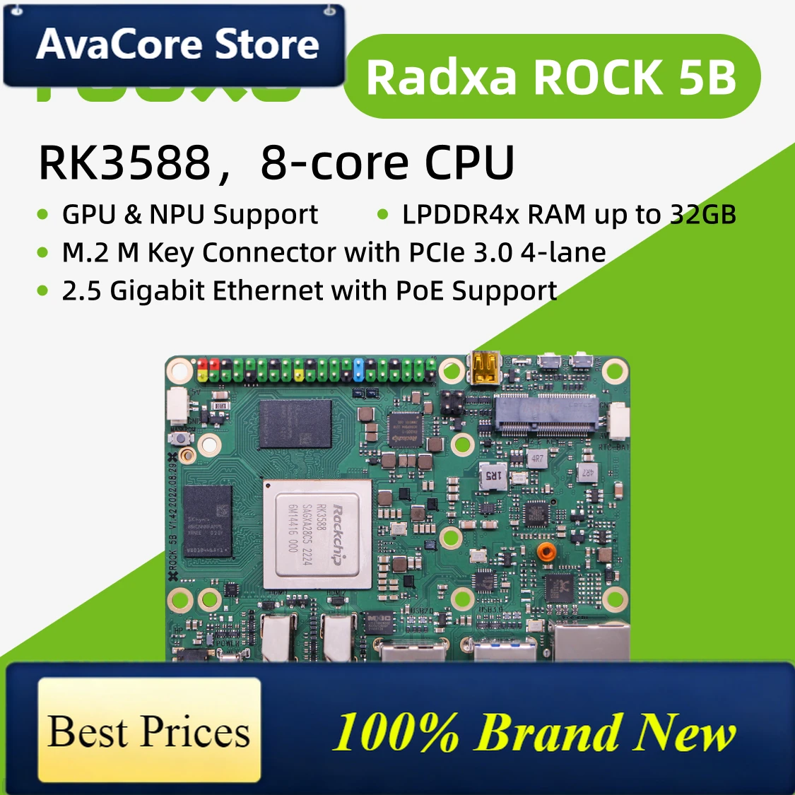 AvaCoreRadxa ROCK 5B RK3588 8코어 CPU SBC, 8K 출력 지원 HDMI, M.2 M 키 커넥터(PCIe 3.0) 탑재, 싱글 보드 컴퓨터