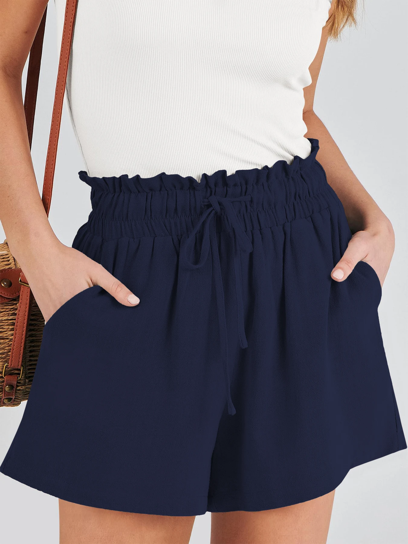 여성용 반바지 통기성 드로스트링 신축성 있는 허리밴드 가벼운 단색 캐주얼 비즈니스 스타일 패션 린넨 반바지