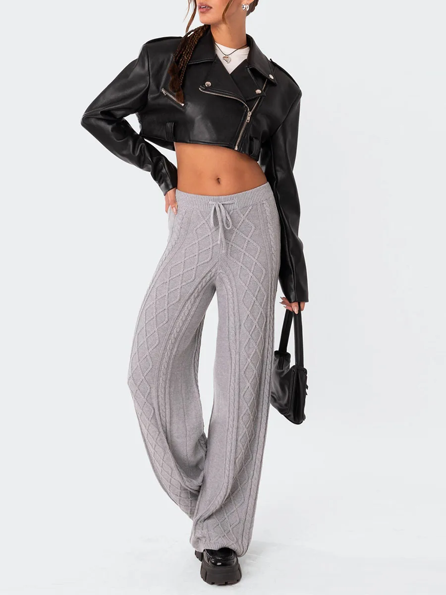 

Women s Wide Leg Ribbed Knit Pants Low Waist Rhombus Palazzo Ladies Trousers Fall Streetwear Casual Fall Joggers