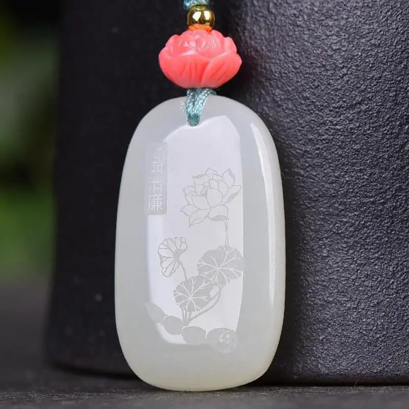 

Natural White Jade Lotus Pendant Necklace Men Women Fine Jewelry Hetian Jades Nephrite Flower Charms Sweater Chain Necklaces
