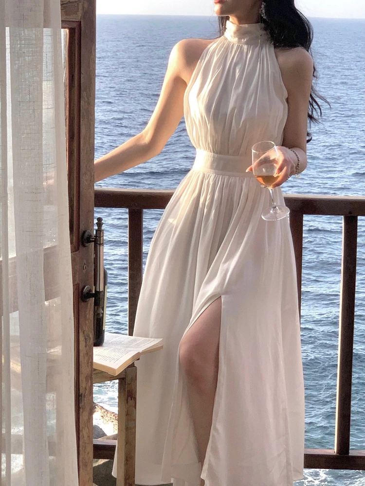 

French Elegant Even Party Dress Office Lady Fairy Sleeveless Midi Dress 2023 Summer Solid Turtleneck One Piece Dress Korea Chic