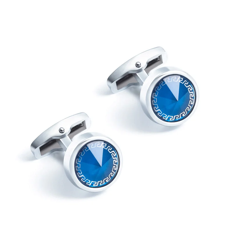 New Business Classic Round Blue Rhinestone Glass Metal Crystal Cufflinks For Men And Women French Shirt Cufflinks Holiday Gift_voghion.com