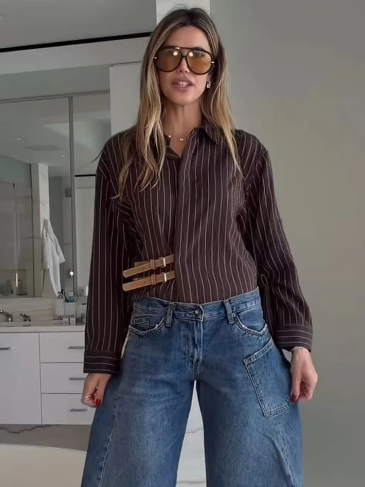 Women's Long Sleeve Striped Shirt Vintage Casual Lapel Button Up Blouse Female Fashionable Comfortable Street Clothing
