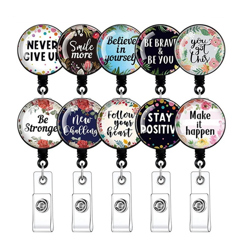 10 Pieces Badge Reel with Motivation Quotes Retractable ID Badge Holder