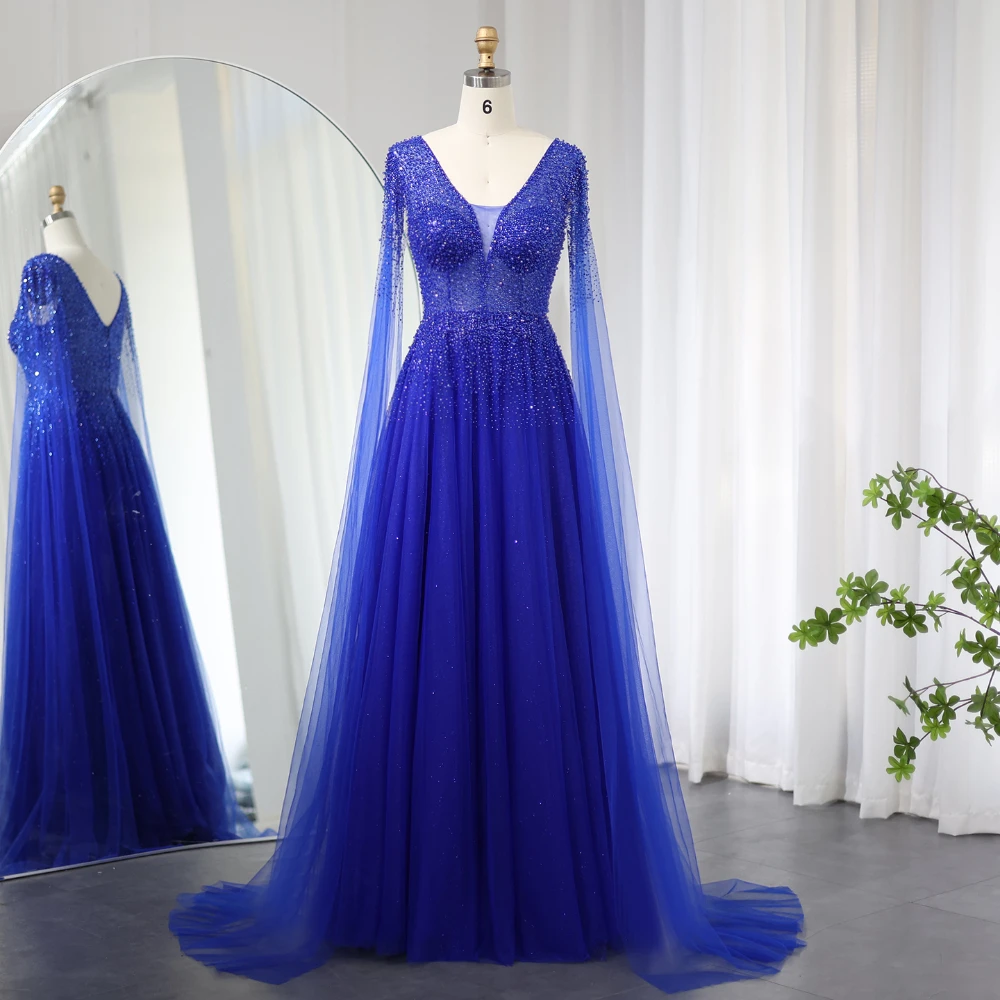 

Gorgeous V-Neck Evening Dresses with Cape Sleeves Luxury Beads Sequined A-Line Party Gowns Fashion Floor Length Prom Dresses