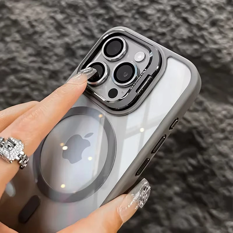 MagSafe Magnetic Lens Protection Phone Case with Transparent Camera Glass and Metal Ring Cover