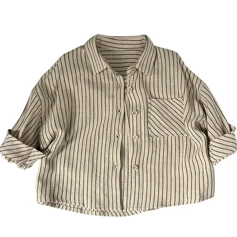 Children Clothing Japanese Style Kids Cardigan Cotton Hemp Stripe Vintage Simple Comfortable Casual Fashion Summer