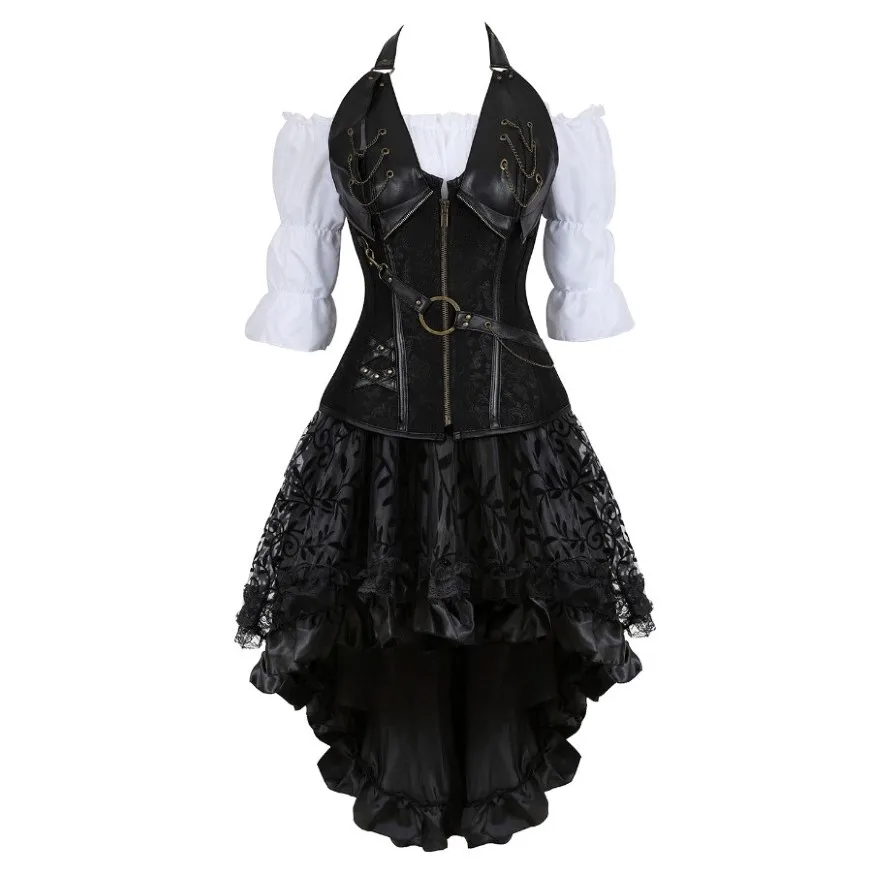 Women Steampunk Corset Dress Gothic Leather Corset Top Renaissance Blouse With Burlesque Skirt Three-Pieces Set Pirate Costume