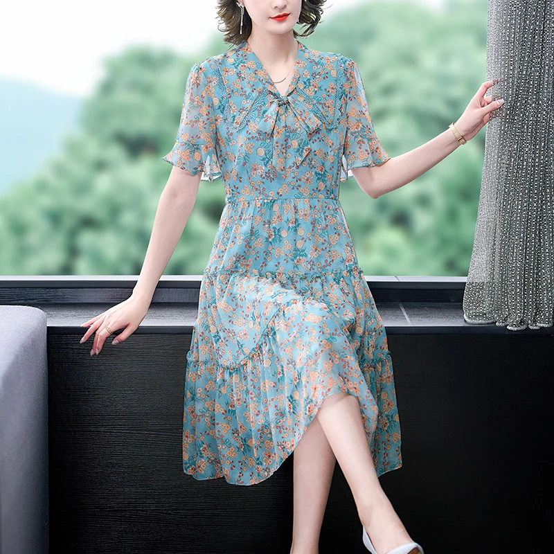 

2023 New Fashion Silk Printed Dress Women's Summer Versatile V-neck Short Sleeve Loose Fit Casual Holiday Dress Vestidos