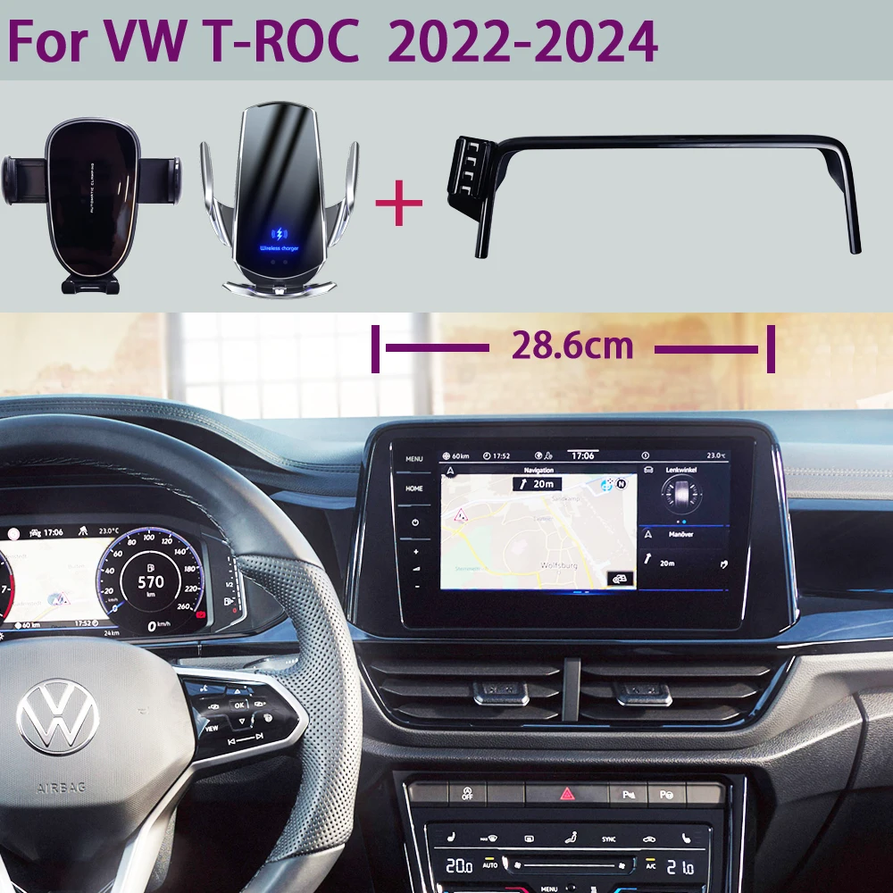 

Автомобильный держатель для телефона Volkswagen TRoc T-Roc 2022 2023 2024, Фиксированный экран, кронштейн для телефона, беспроводное зарядное устройство, подставка, автомобильное крепление для телефона